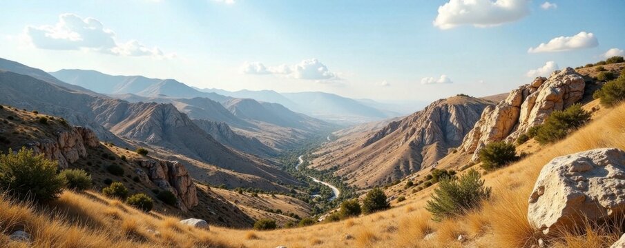 Landscape of rugged hills and valleys in the Hebron region, valleys below, rocky terrain