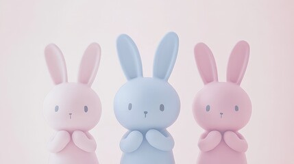 Obraz premium Three small plastic rabbits stand side by side, representing the playful spirit of Easter celebrations.