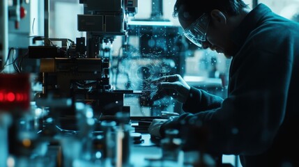 Fototapeta premium A handson workshop scene where a technician is installing sensors on machinery showcasing a fusion of mechanical skill and technological integration for better performance.