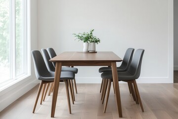 Retro mid-century wood furniture  . Modern dining table with gray chairs and a potted plant centerpiece.