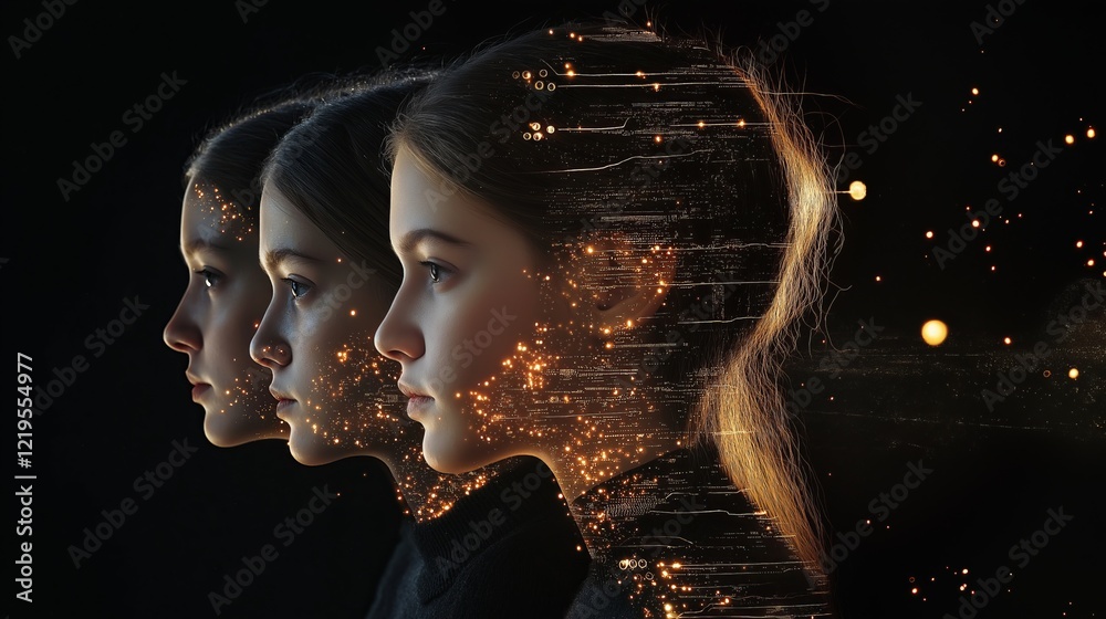 Poster three futuristic female portraits with digital network connections, artificial intelligence, cyberne