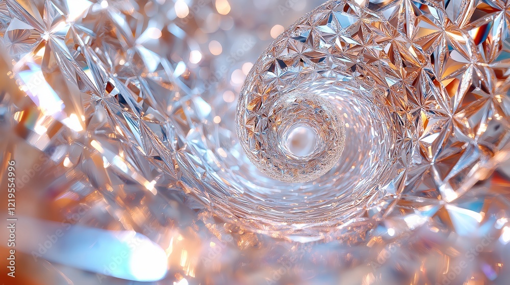 Poster crystal spiral with geometric reflections, futuristic abstract design, light refractions, 3d renderi