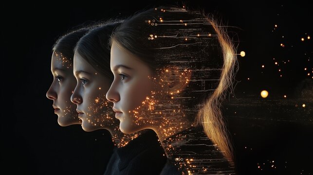 Three futuristic female portraits with digital network connections, artificial intelligence, cybernetic evolution, and conceptual neural technology, Generative AI