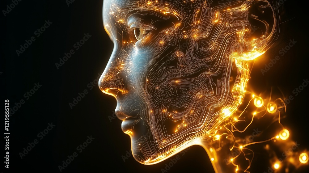 Poster Glowing AI facial structure with neural connections, futuristic technology, artificial intelligence, cybernetic circuits, and machine learning, Generative AI