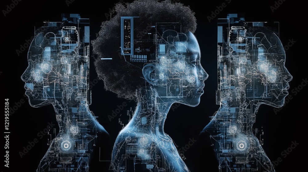 Aufkleber three futuristic female cyborgs with advanced ai technology, cybernetic neural networks, digital inn