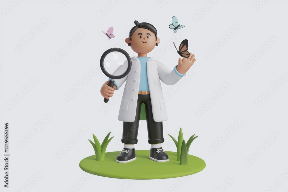 Poster a 3d animated scientist examines butterflies with a magnifying glass, surrounded by nature.