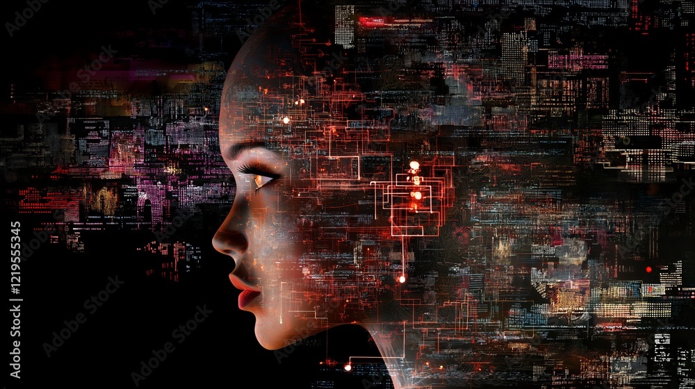 Leinwandbilder futuristic female ai portrait with digital circuits, cyber technology, artificial intelligence, and 