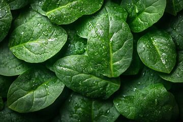 Fototapeta premium Lush Green Spinach Leaves Covered In Dew Drops