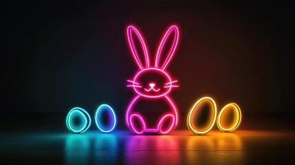 A vibrant neon bunny sits among colorful eggs on a table, contrasted against a striking black background, celebrating Easter's festive spirit.