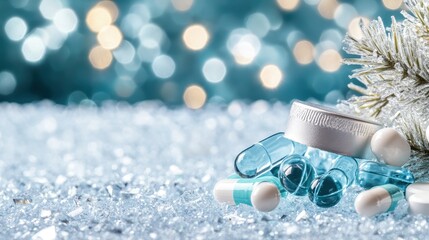 An artistic arrangement of beautiful blue capsules alongside a sleek, silver container resting on a sparkling surface, emphasizing elegance in wellness products.