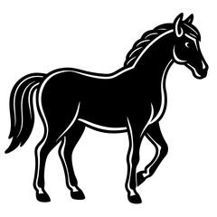 Elegant black and white silhouette of a walking horse.