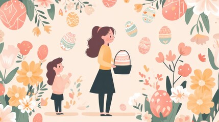 A woman and a child stand in a vibrant garden, joyfully holding a colorful Easter egg.