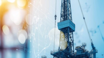 Oil drilling rig with digital economic visualization, representing global petroleum trade, energy sector investments, and industrial market analysis, Generative AI