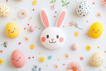 Obraz premium Colorful Easter eggs with faces and ears arranged on a white surface, celebrating the joy of the holiday.