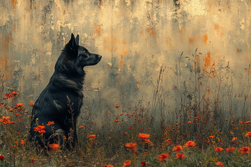 Black Dog Sitting Amidst Orange Flowers Against Weathered Wall