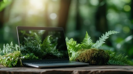An open laptop surrounded by vibrant ferns and lush plants, set in a forest, evoking a sense of connection between technology and the natural world, ideal for eco-conscious themes.