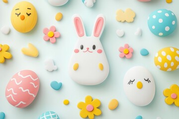 Obraz premium A white bunny sits among vibrant Easter eggs in a festive spring setting.