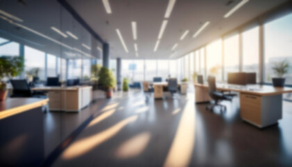 Fototapeta premium Blurred modern spacious office with beautiful lighting and big panoramic windows