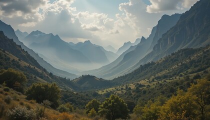 Fototapeta premium The image depicts a picturesque valley surrounded by trees and mountains in the background