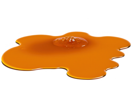 A fresh spill of honey forming a glossy, reflective puddle on a flat surface, with soft lighting to highlight the rich amber color, set on a transparent background