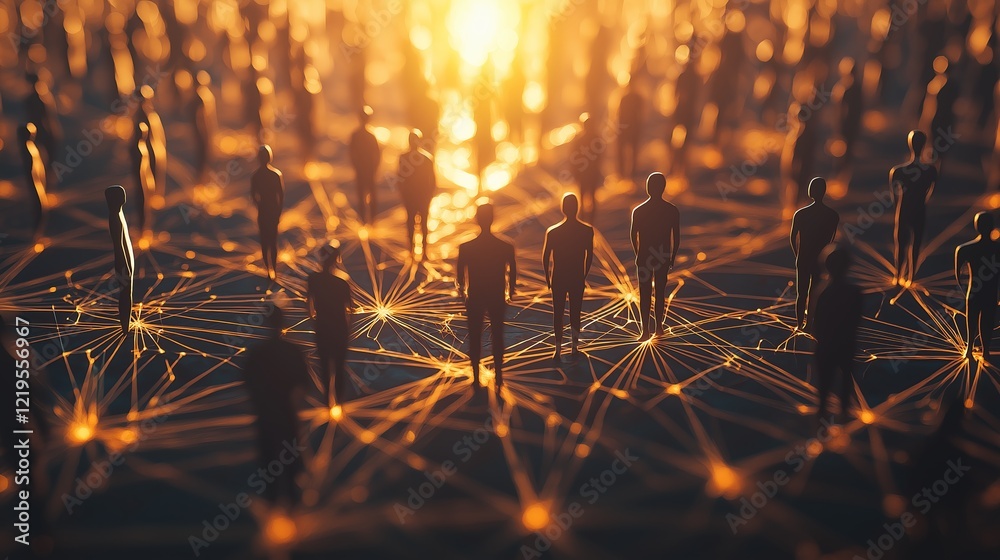 Aufkleber Abstract golden digital network visualization representing social connections, artificial intelligence, and global online interactions in a futuristic cyberspace concept, Generative AI