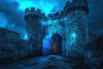 Ancient stone castle entrance illuminated by blue light at night under a dramatic sky
