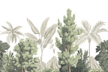 Tropical vintage botanical palm trees, banana tree, plants, mountain landscape seamless border white background. Exotic jungle wallpaper. © good_mood