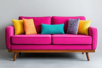 Retro mid-century wood furniture  . Bright pink sofa with colorful pillows against a light wall.