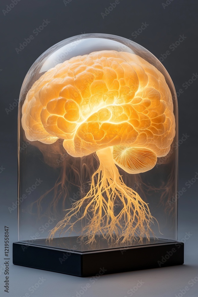 Aufkleber glowing brain under a glass dome with root-like connections, symbolizing intelligence, neuroscience,
