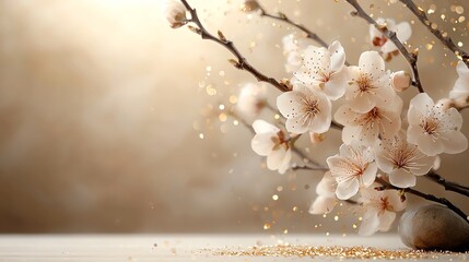 Artistic depiction of blooming plum flowers surrounded by swirling golden dust, representing hope and fortune in Chinese culture
