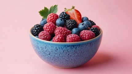 Colorful cereal in a ceramic bowl, topped with fresh berries, isolated on a light pastel pink background