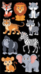 cartoon animal collection featuring a lion fox wolf tiger and zebra. Print on demand cute jungle animals sticker set pack