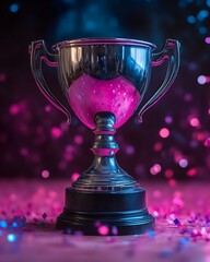 Silver Trophy on Pink and Blue Background