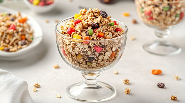 Elegant breakfast setup with colorful cereal in a glass bowl, isolated on light cream background