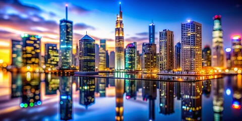 Obraz premium Tilt-Shift Cityscape: Reflective Glass Skyscraper in Modern Urban Setting