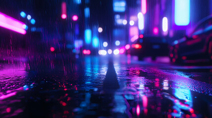 Fototapeta premium A close-up of the wet asphalt in a night city, with neon lights reflecting on it