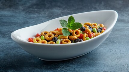 Elegant white porcelain bowl with vibrant cereal loops and a sprig of mint, isolated on a slate blue background