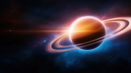Obraz premium Explore the beauty of Saturn captured in a stunning cosmic landscape with vibrant rings, glowing colors, and an array of stars, showcasing the vastness of space.