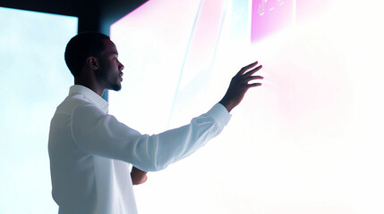 Man interacting with digital touchscreen in a modern tech environment during daytime. Generative AI