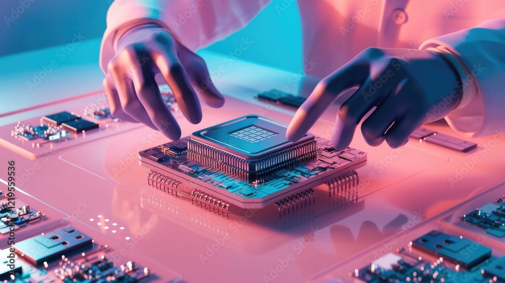 Poster gloved hands carefully place a microprocessor onto a circuit board, showcasing advanced technology.