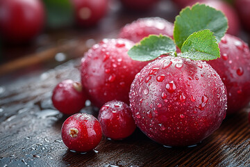 Dewy Red Plums and Cranberries on Dark Wood