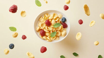 Overflowing bowl of cereal surrounded by fresh mint leaves and berries, isolated on light cream background