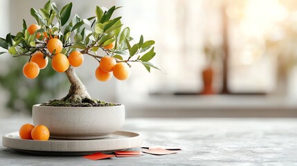 Intricately styled bonsai kumquat tree, laden with fruits, adorned with traditional Chinese red envelopes for prosperity