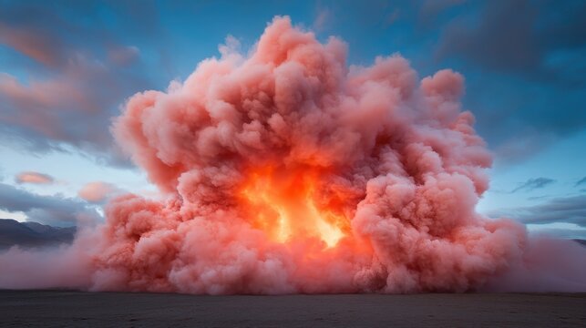 A dramatic explosion emits bright pink and orange smoke, captivating the viewer with its vibrant colors and intense energy against a stunning sky backdrop.