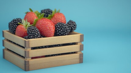 Close-up of a wooden box holding fresh blackberries and strawberries.