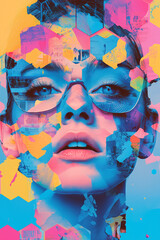 A close-up surreal portrait of a young woman blended with bold abstract shapes and vibrant colors, evoking modern art vibes.  