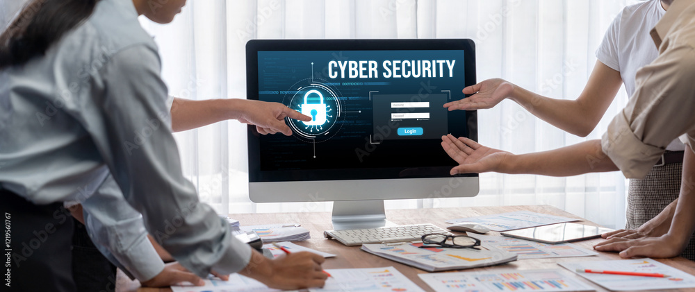 Poster Cyber security system on computer screen protect private information brisk from hacker and cyber attack