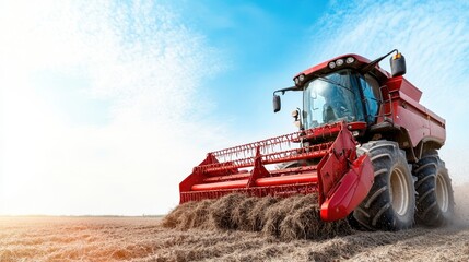 Fototapeta premium A red harvester moves powerfully across a sprawling farmland, showcasing advanced farming technology while gathering the golden harvest under a clear blue sky.