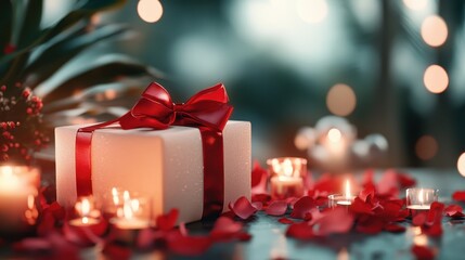 An exquisite gift box wrapped with a red bow and surrounded by soft candlelight and rose petals, creating a warm and enchanting atmosphere ideal for any romantic occasion.