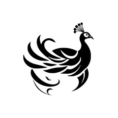 Elegant Peacock Bird: Black and White Stylized Avian Design.  A sophisticated nature-inspired graphic, perfect for logos, prints, and decorations.